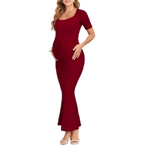 Maternity Bodycon Mermaid Maxi Dress Sexy Square Neck Short Sleeve Ribbed Pregnancy Dresses Baby Shower Photoshoot