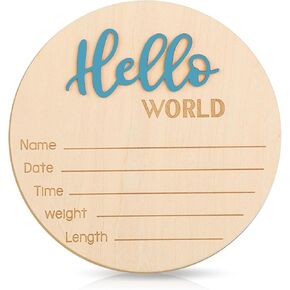 Baby Announcement Sign, 5.9 Inch Hello World Newborn Welcome Sign Wooden Baby Name Sign Birth Announcement Plaques for Newborn Boys Girls Photo Props Baby Shower Hospital Nursery (Blue)