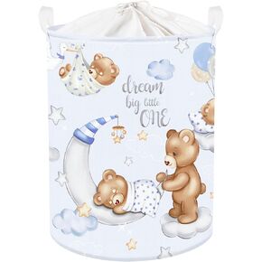 Clastyle 45L Large Blue Sleeping Bear Kid Boy Girl Laundry Hamper with Handle Collapsible Star Moon Clothes Toy Storage Basket with Lid for Nursery