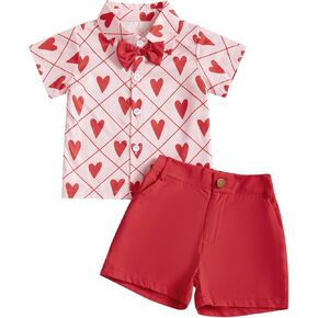 Baby Boy Valentines Day Clothes Short Sleeve Heart Print Button Down Shirt Bermuda Shorts Kids Gentleman Outfit