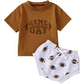 Toddler Football Game Day Outfit Baby Boy Girl Rugby Print Short Sleeve Tshirt Shorts Infant Summer Clothes Set