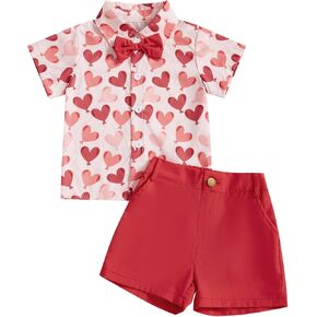 Toddler Baby Boy Valentine's Day Outfit Heart Print Short Sleeve Button Down Shirt and Shorts Set Valentines Clothes