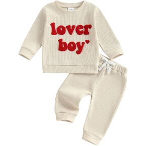 Toddler Baby Boy Valentines Day Outfit Lover Boy Embroidery Waffle Knit Sweatshirt Long Pants 2Pcs Clothes Set