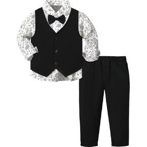 A&J DESIGN 4pcs Baby & Toddler Boy Print Suit Set for 12 Months - 5T, Shirt & Pants & Vest & Bow Tie