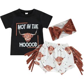 Fernvia Western Toddler Baby Girl Clothes Letter Short Sleeve T-Shirt Top + Tassel Shorts Outfits + Headband 3Pcs Set