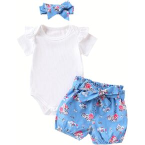 Kaipiclos Newborn Infant Girl Clothes Rib Knit Romper Daisy Print Shorts Headband Baby Summer Clothes 0 3 6 12 18 24 Months