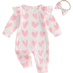 KOSUSANILL Valentines Day Baby Girl Outfit Ruffle Long Sleeve Romper Waffle Love Heart Jumpsuit Headband Cute Fall Clothes