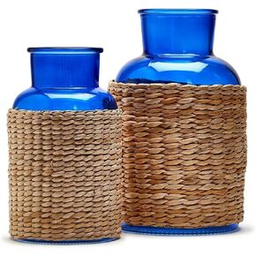 Two's Company Glass Candle Holder/Vase with Rattan Wrap Set of 2 - Glass/Sea Grass, 54515