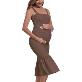 Summer Tank Maternity Dress Sleeveless Strappy Midi Bodycon Square Neck Ruffle Mermaid Smocked Dress for Baby Shower
