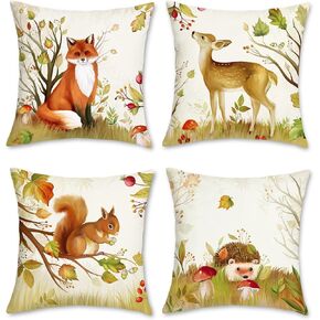 Bonhause Forest Animals Throw Pillow Covers 18 x 18 Inch Deer Fox Squirrel Autumn Leaves Decorative Pillows Soft Velvet Cushion Covers for Sofa Couch Home Decor Set of 4