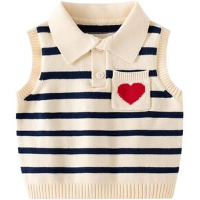 Little Boy Heart Striped Sweater Vest,Baby Girl Khaki Knit Waistcoat,Toddler Top