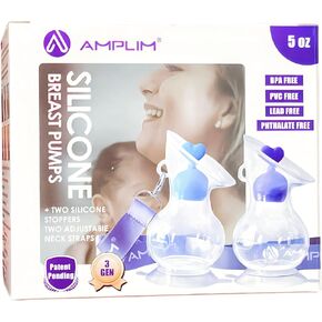 Amplim Manual Breast Pump | Gen 3 Food Grade Silicone Milk Collector for Breastfeeding Nursing Mom with Stopper | Must Haves Registry Essentials for Newborn, Infant, Baby | 5 oz (Blue,Purple) 2 Pack