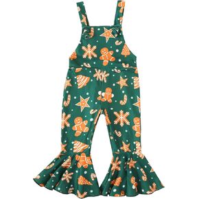 YOKJZJD Toddler Baby Girl Christmas Outfit Gingerbread Man Suspender Romper Jumpsuit Overalls Bell Bottom Pants Fall Clothes