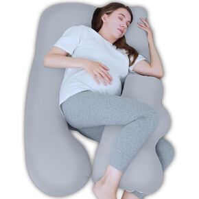 Pregnancy Pillows for Sleeping - Removable Cooling Cover J+i Shaped Full Body Pillow - Support for Back, Legs, Belly, HIPS - 57 Inch Maternity Pillow for Women - Light Grey