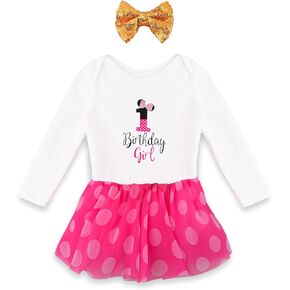 HUAANIUE Baby Girls 1st / 2nd Birthday Party Outfit Romper Long Sleeve Princess Tulle Dress with Headband