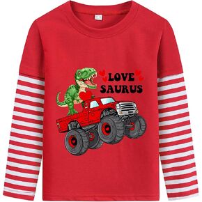 DDSOL Boys Toddler Valentines Shirt Dinosaur Monster Truck Tractor Long Sleeve T-Shirt Love Hearts Tee Top Kid Clothes
