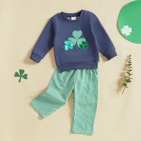 MoZiKQin St Patricks Day Toddler Baby Boy Outfit Embroidery Shamrock Sweatshirt Plaid Pants Set Irish Spring Clothes in Kuwait