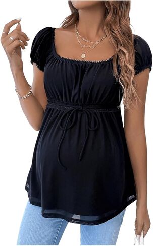 MakeMeChic Women's Maternity Blouse Square Neck Puff Sleeve Ruched Casual Pregnancy Tops in Saudi Arabia