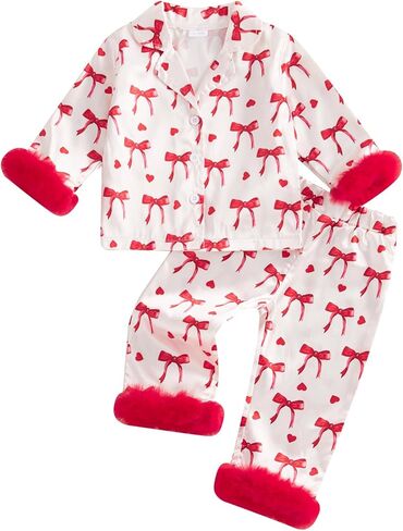 Baby Girl 2pcs Valentine Silk Pajamas Set Button Down Long Sleeve Shirts Tops and Pants Satin Pj Sets Sleepwear in Kuwait
