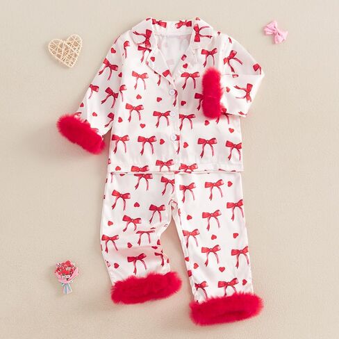 Baby Girl 2pcs Valentine Silk Pajamas Set Button Down Long Sleeve Shirts Tops and Pants Satin Pj Sets Sleepwear in Kuwait