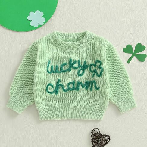 Baby St. Patricks Day Outfit Toddler Shamrock Embroidery Knit Sweater Pullover Sweatshirt Winter Spring Clothes in Kuwait