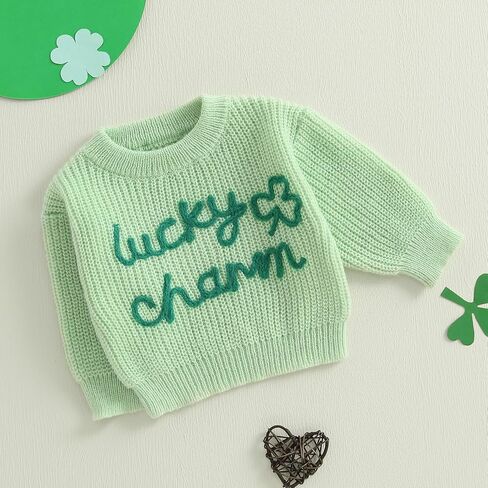 Baby St. Patricks Day Outfit Toddler Shamrock Embroidery Knit Sweater Pullover Sweatshirt Winter Spring Clothes in Kuwait