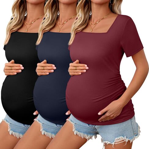 3 حزمة قمصان الأمومة النسائية جانب رقبة مربعة جانب قصير الأكمام قمم الأمومة غير الرسمية المحملات الحمل المحبوكة in Kuwait