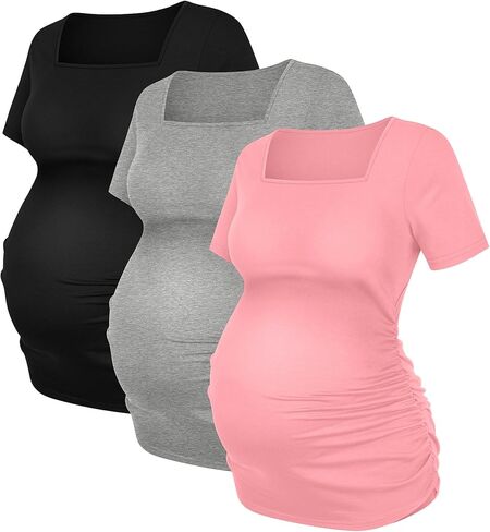 3 Pack Women's Maternity Shirts Square Neck Side Ruched Short Sleeve Maternity Tops Casual Knitted Pregnancy Tees in Kuwait