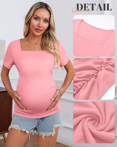 3 Pack Women's Maternity Shirts Square Neck Side Ruched Short Sleeve Maternity Tops Casual Knitted Pregnancy Tees in Kuwait