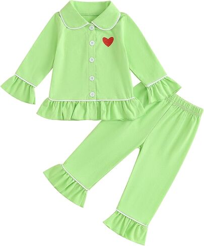 fhutpw Toddler Kids Baby Girl Pajamas Set Solid Color Ruffle Long Sleeve Button Shirt Top Pants Cotton Infant 2Pcs Pjs Set in Kuwait