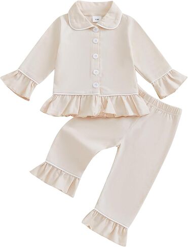 fhutpw Toddler Kids Baby Girl Pajamas Set Solid Color Ruffle Long Sleeve Button Shirt Top Pants Cotton Infant 2Pcs Pjs Set in Kuwait