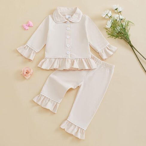 fhutpw Toddler Kids Baby Girl Pajamas Set Solid Color Ruffle Long Sleeve Button Shirt Top Pants Cotton Infant 2Pcs Pjs Set in Kuwait