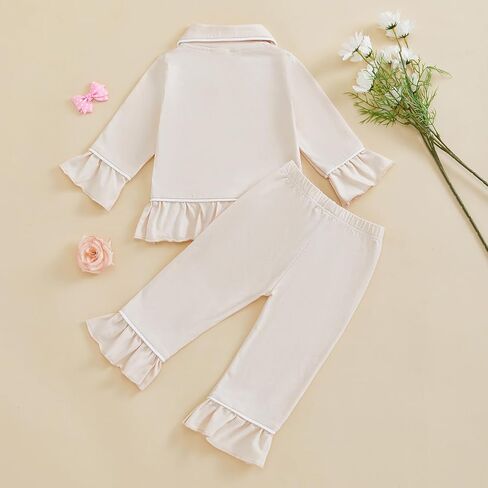fhutpw Toddler Kids Baby Girl Pajamas Set Solid Color Ruffle Long Sleeve Button Shirt Top Pants Cotton Infant 2Pcs Pjs Set in Kuwait