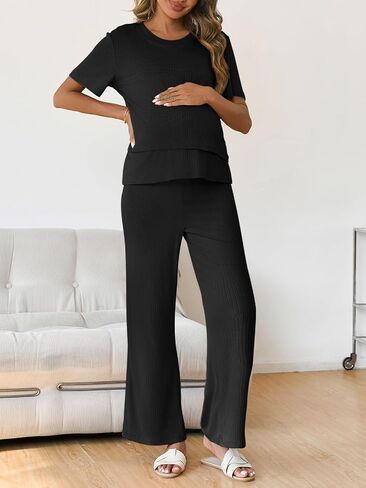 Tankaneo Womens Post Postmpartum Pajamas 2 قطعة مجموعات ضلع قمم قصيرة بأكمام التمريض ومرنة صالة سراويل الخصر in Kuwait