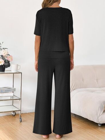 Tankaneo Womens Post Postmpartum Pajamas 2 قطعة مجموعات ضلع قمم قصيرة بأكمام التمريض ومرنة صالة سراويل الخصر in Kuwait
