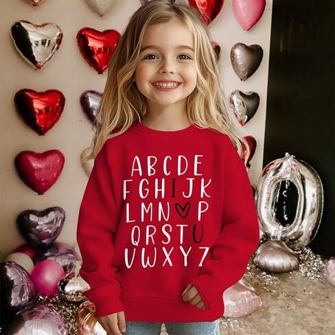Toddler Baby Girls Valentine's Day Sweatshirt ABC I Love U Heart Print Sweatshirt Crewneck Long Sleeve Pullover Tops in Kuwait