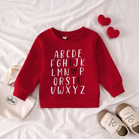 Toddler Baby Girls Valentine's Day Sweatshirt ABC I Love U Heart Print Sweatshirt Crewneck Long Sleeve Pullover Tops in Kuwait