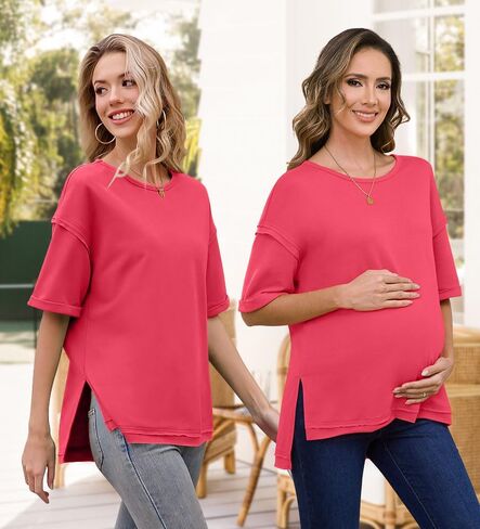 RUBZOOF Women's Maternity Shirts Short Sleeve Pregnancy Tops Side Split Casual T Shirts Tunic Mama Clothes in Saudi Arabia