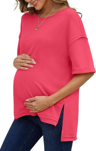 RUBZOOF Women's Maternity Shirts Short Sleeve Pregnancy Tops Side Split Casual T Shirts Tunic Mama Clothes in Saudi Arabia