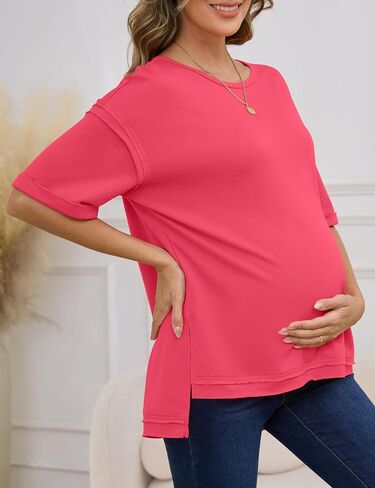 RUBZOOF Women's Maternity Shirts Short Sleeve Pregnancy Tops Side Split Casual T Shirts Tunic Mama Clothes in Saudi Arabia