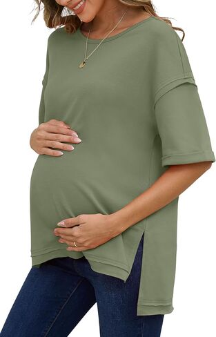RUBZOOF Women's Maternity Shirts Short Sleeve Pregnancy Tops Side Split Casual T Shirts Tunic Mama Clothes in Saudi Arabia