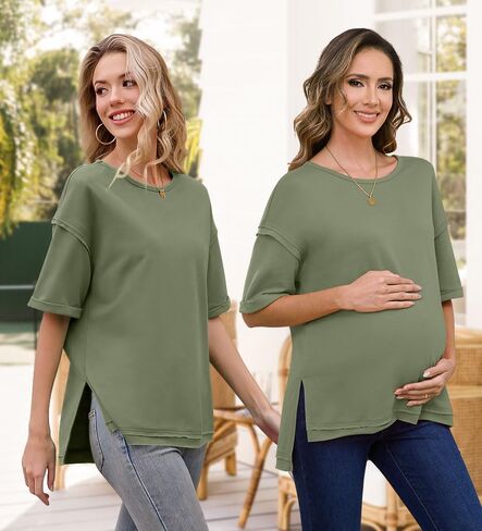 RUBZOOF Women's Maternity Shirts Short Sleeve Pregnancy Tops Side Split Casual T Shirts Tunic Mama Clothes in Saudi Arabia