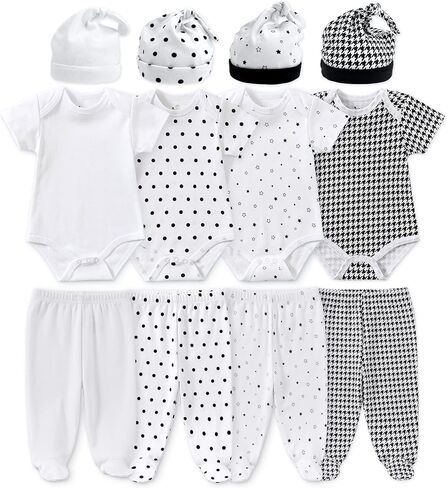 Jimonda Usisex Baby Layette مجموعة ملابس لطيفة من 12 قطعة مجموعة للبنين والبنات مع سراويل القبعات الهدايا (بالأبيض والأسود ، 9-12 شهر) in Kuwait