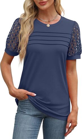 WIHOLL Womens Tops Patchwork Lace Short Sleeve Shirts Dressy Casual Blouses Spring Summer Outfits Trendy 2025 in Saudi Arabia