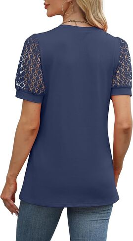 WIHOLL Womens Tops Patchwork Lace Short Sleeve Shirts Dressy Casual Blouses Spring Summer Outfits Trendy 2025 in Saudi Arabia