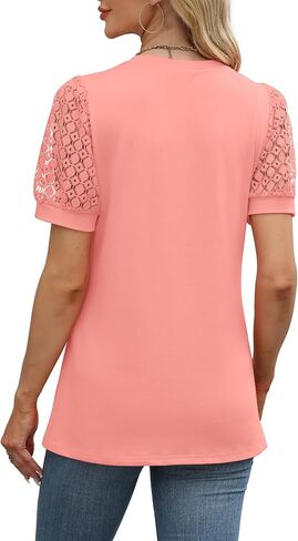 WIHOLL Womens Tops Patchwork Lace Short Sleeve Shirts Dressy Casual Blouses Spring Summer Outfits Trendy 2025 in Saudi Arabia