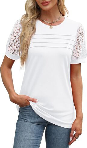 WIHOLL Womens Tops Patchwork Lace Short Sleeve Shirts Dressy Casual Blouses Spring Summer Outfits Trendy 2025 in Saudi Arabia