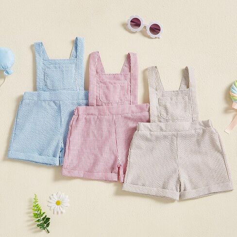 Karuedoo Toddler Baby Boy Girl Clothes Seersucker Overalls Shorts Sleeveless Striped Suspender Romper Jumpsuit Summer Outfit in Saudi Arabia
