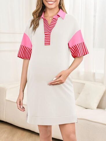 Women's Maternity Dress V Neck Short Sleeve Color Block Loose Fit Summer Casual Shirt Dresses with Pockets in Saudi Arabia
