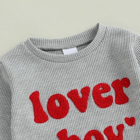 Toddler Baby Boy Valentines Day Outfit Lover Boy Embroidery Waffle Knit Sweatshirt Long Pants 2Pcs Clothes Set in Saudi Arabia